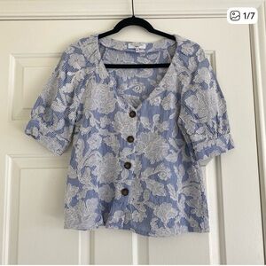 Anthropologie Waverly Grey Striped Floral Embroidered Puff Sleeve Button Up Med